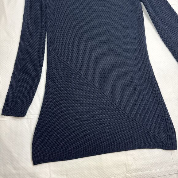 TORY BURCH Women Chunky Knit Sweater Dress Size S Navy MockNeck Gold Logo Button - Picture 3 of 8